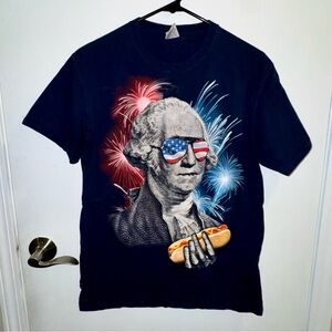 Patriotic USA George Washington with Hot Dog and Fireworks